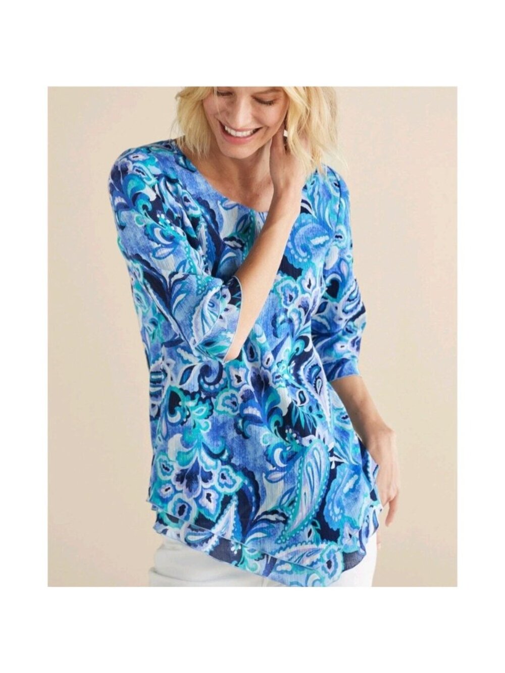 Soft Surroundings Siesta Key Tunic Blue Paisley 100% Cotton Gauze 3/4 Sleeves Md